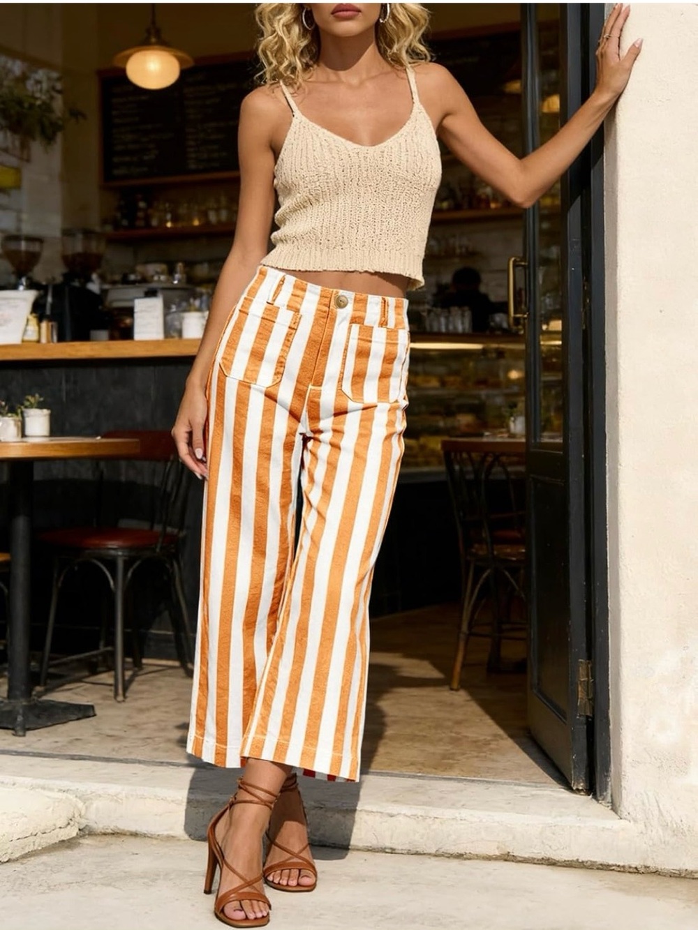 Striped Wide-Leg Crop Pants in Mustard Orange and White